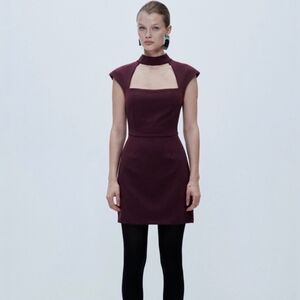 Zara Burgundy Choker Square Neck Mini Dress